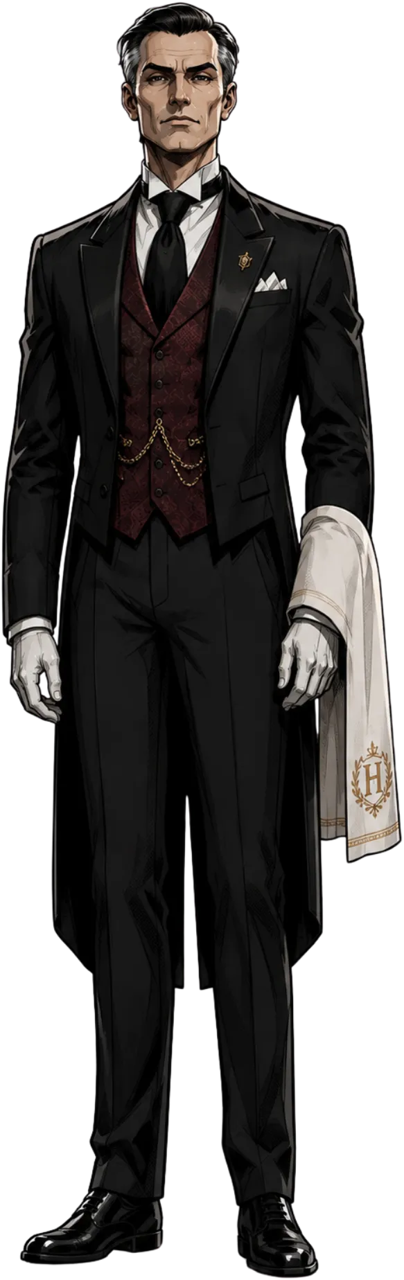 El Mayordomo: hombre de cabello canoso con frac negro, chaleco burdeos con leontina dorada, guantes blancos y un paño bordado al brazo.