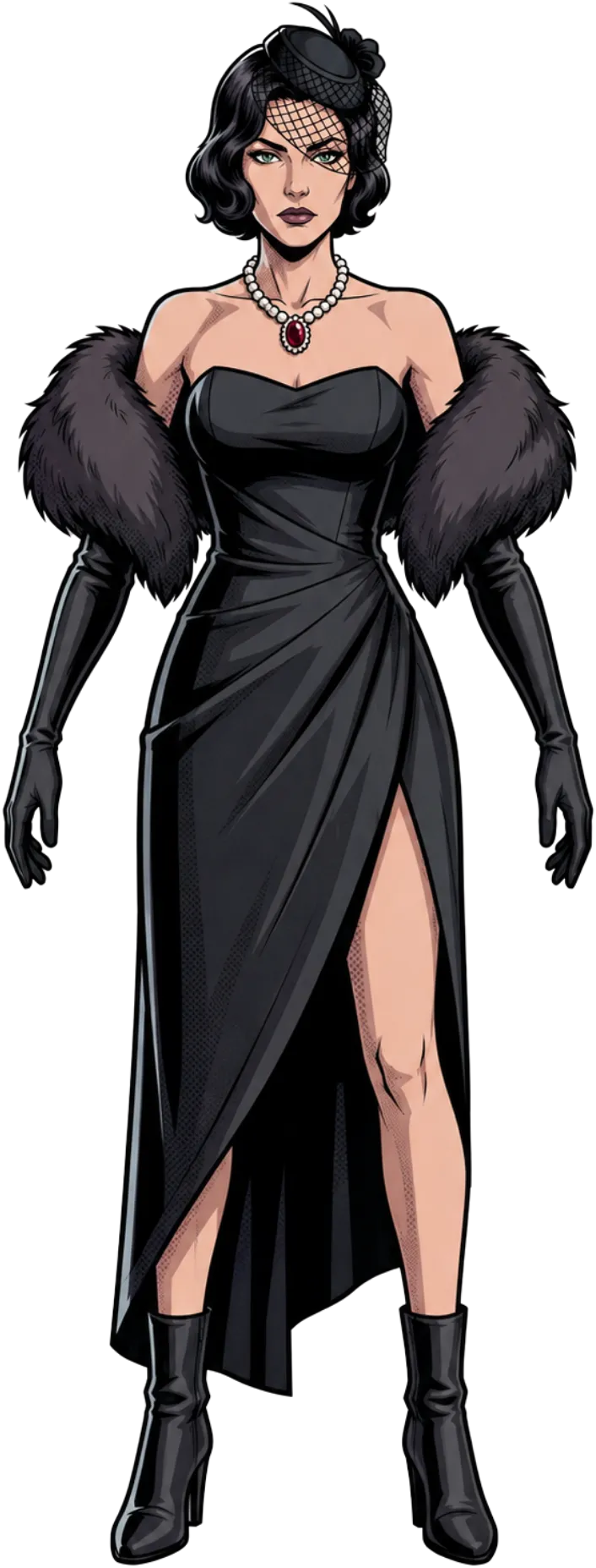 La Viuda: mujer de vestido negro largo con estola de piel, guantes hasta el codo, tocado con velo de rejilla y collar de perlas con rubí.